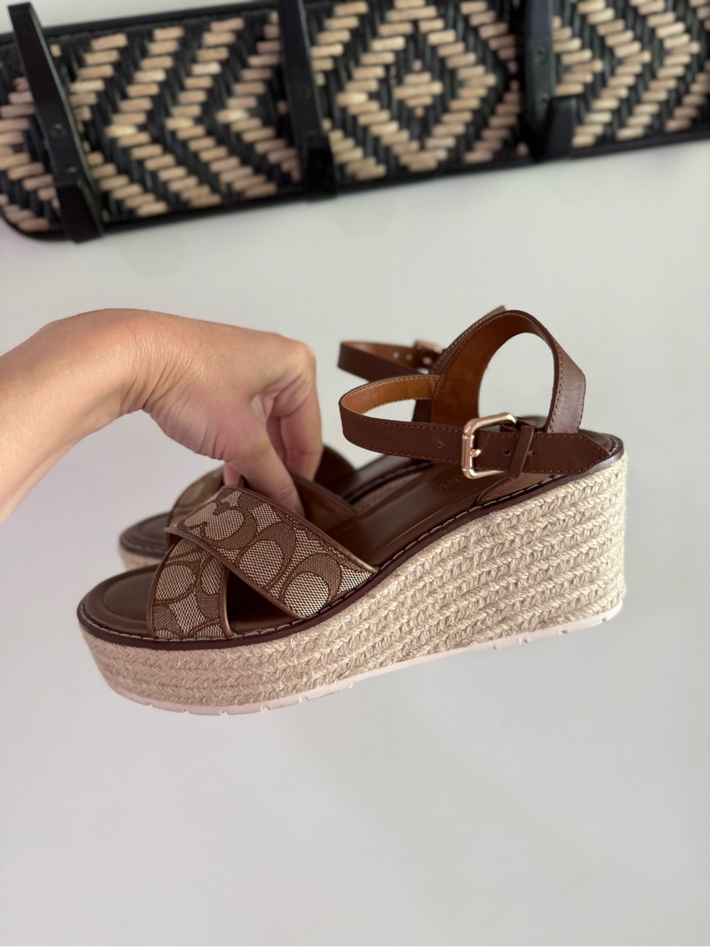 Coach Kimberly Espadrille Wedge Heels - Brown Jacquard - Size 8